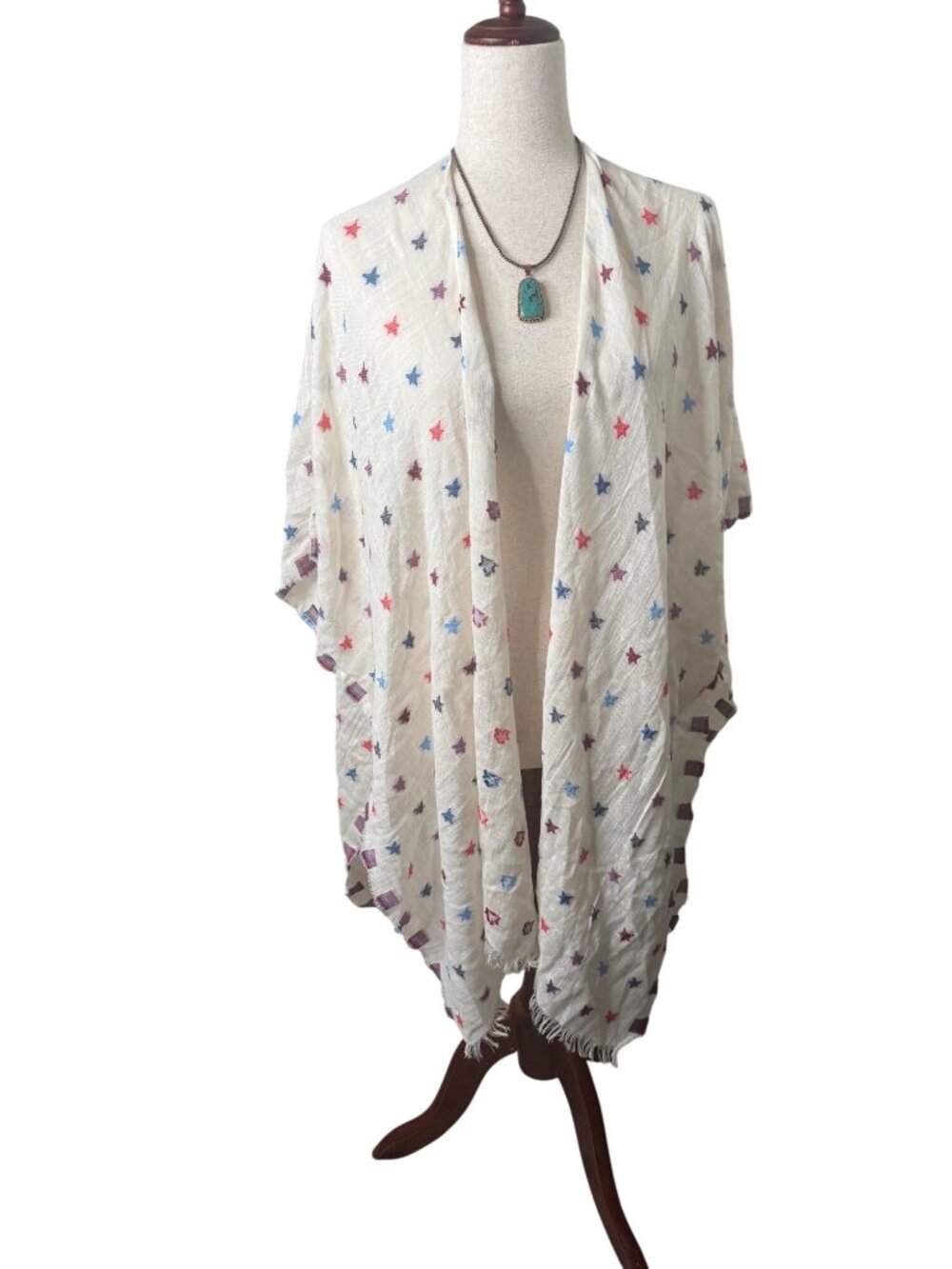 NWT Stars Lightweight Kimono Wrap Shawl Frayed OSFM Gauze Coastal July 4 Resort